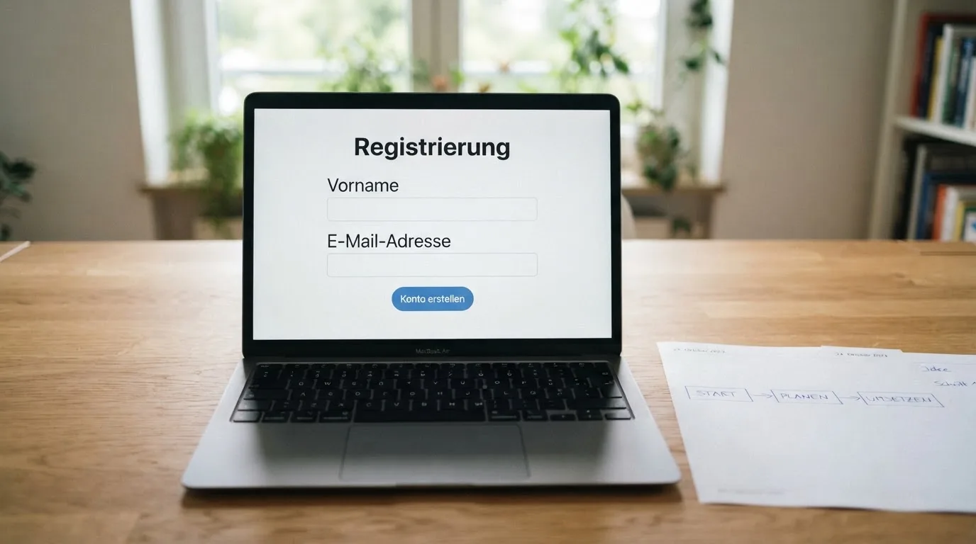 Nahaufnahme eines Laptop-Bildschirms mit einem Formular zur Kontoeroeffnung, daneben ein Blatt Papier mit einer handgezeichneten Ablaufskizze.