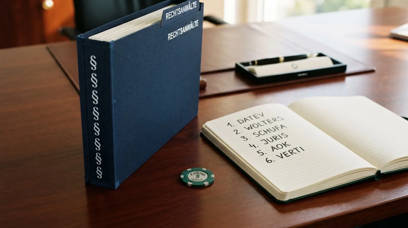 Nahaufnahme eines Aktenordners mit Paragraphenzeichen auf dem Ruecken, daneben ein aufgeklapptes Notebook mit einer Uebersichtsliste lizenzierter Anbieter.