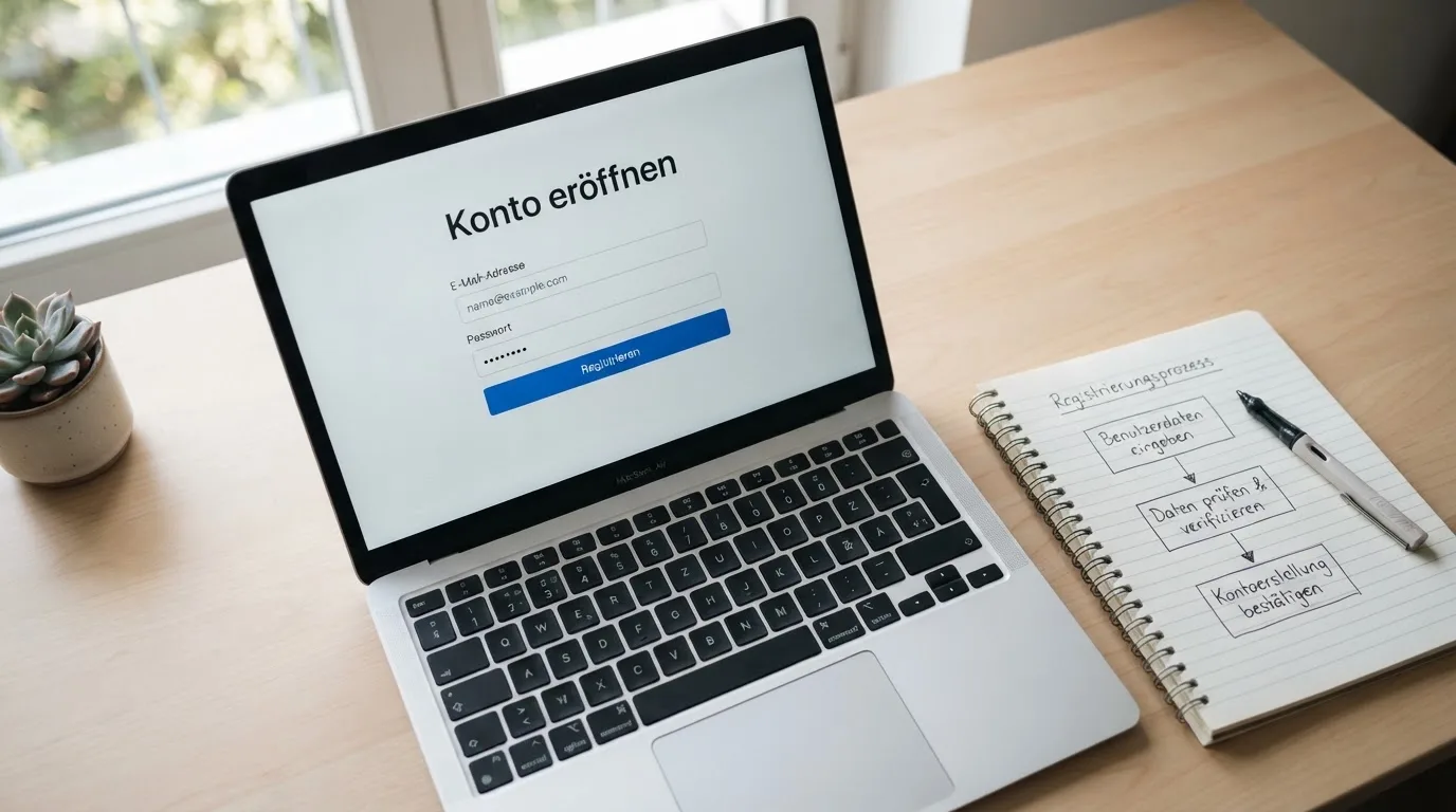 Nahaufnahme eines Laptop-Bildschirms mit einem Formular zur Kontoeroeffnung, daneben ein Blatt Papier mit einer handgezeichneten Ablaufskizze.