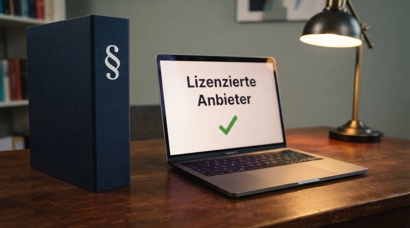 Nahaufnahme eines Aktenordners mit Paragraphenzeichen auf dem Ruecken, daneben ein aufgeklapptes Notebook mit einer Uebersichtsliste lizenzierter Anbieter.
