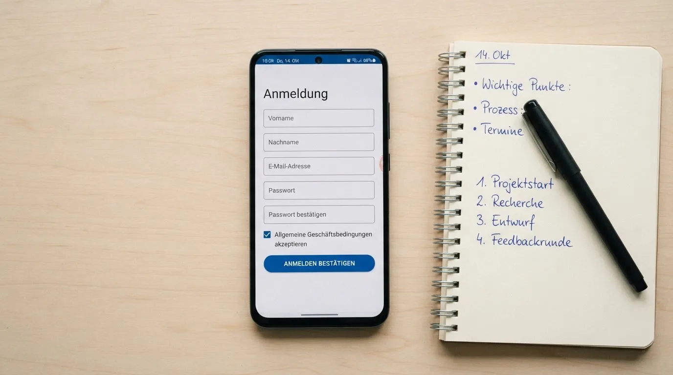 Draufsicht auf ein Smartphone mit einer geoeffneten Registrierungsmaske fuer ein Spielerkonto, daneben ein Notizblock mit handschriftlichen Bonusbedingungen.