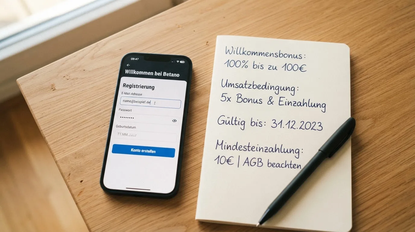 Draufsicht auf ein Smartphone mit einer geoeffneten Registrierungsmaske fuer ein Spielerkonto, daneben ein Notizblock mit handschriftlichen Bonusbedingungen.