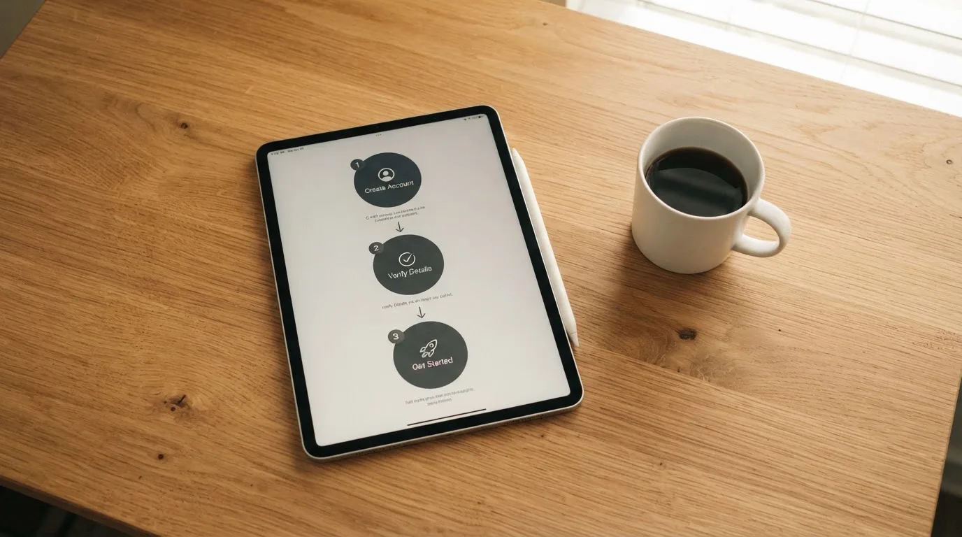 Schreibtisch mit einem Tablet, auf dem ein Schema mit nummerierten Schritten eines Anmeldevorgangs zu sehen ist, daneben ein Kaffeebecher.