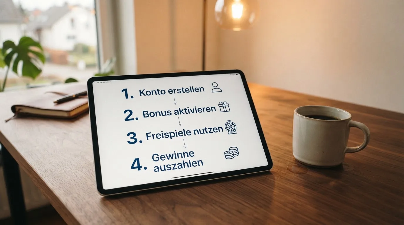 Schreibtisch mit einem Tablet, auf dem ein Schema mit nummerierten Schritten eines Anmeldevorgangs zu sehen ist, daneben ein Kaffeebecher.