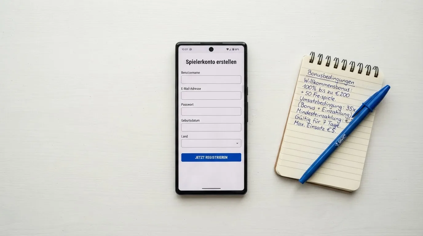 Draufsicht auf ein Smartphone mit einer geoeffneten Registrierungsmaske fuer ein Spielerkonto, daneben ein Notizblock mit handschriftlichen Bonusbedingungen.
