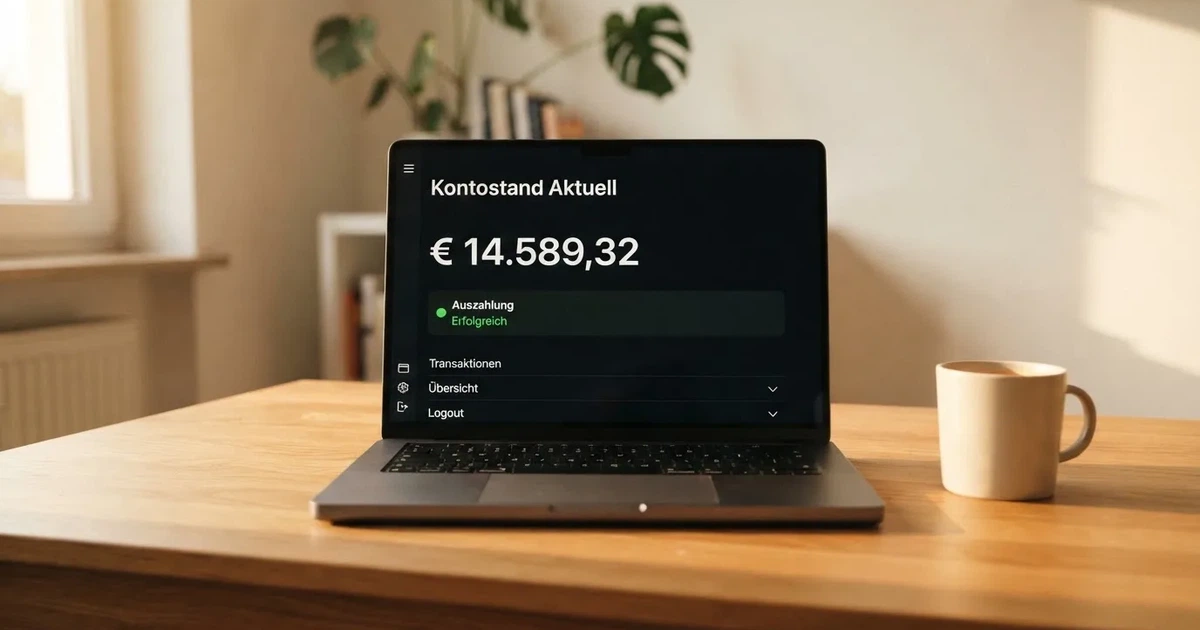 Nahaufnahme eines Laptop-Bildschirms mit einer Kontouebersicht, auf der ein Guthabenbetrag in Euro und ein Auszahlungsstatus zu sehen sind.
