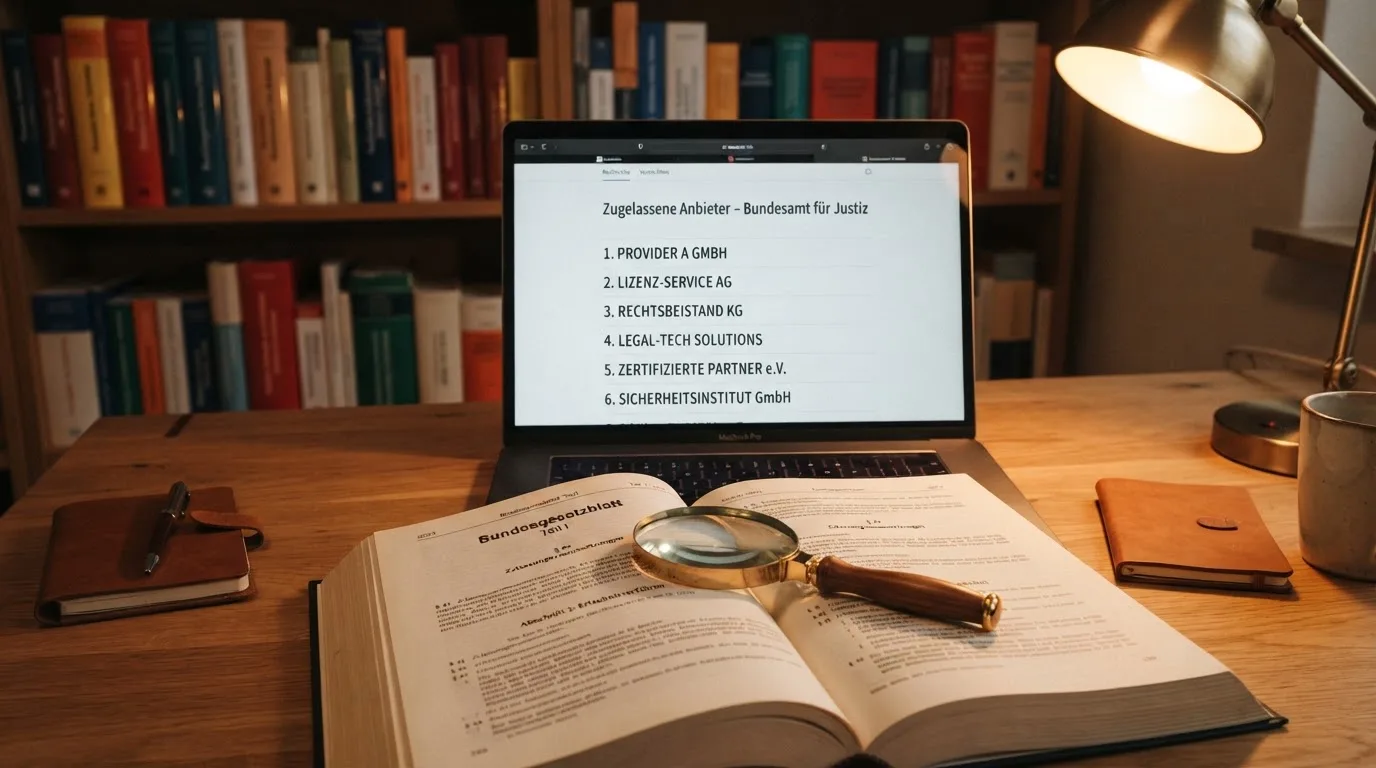 Schreibtisch mit einem ausgedruckten Gesetzestext, einer Lupe und einem Laptop, auf dessen Bildschirm eine Behoerdenwebsite mit einer Liste erlaubter Anbieter zu sehen ist.