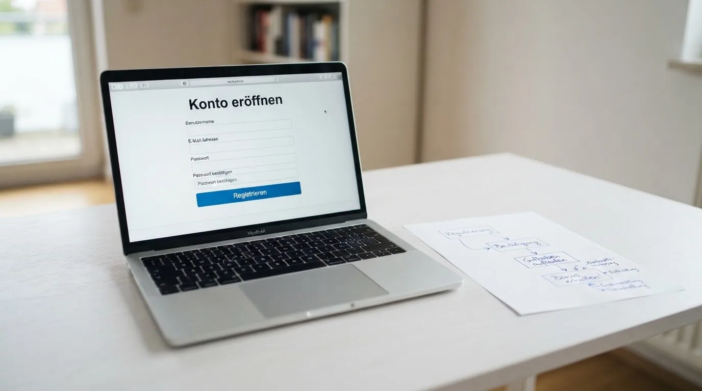 Nahaufnahme eines Laptop-Bildschirms mit einem Formular zur Kontoeroeffnung, daneben ein Blatt Papier mit einer handgezeichneten Ablaufskizze.