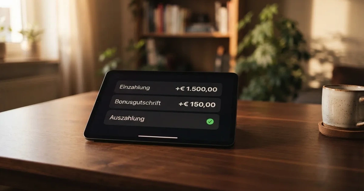 Nahaufnahme eines Tablet-Bildschirms mit einer Transaktionsliste, in der Einzahlung, Bonusgutschrift und Auszahlungsstatus untereinander aufgefuehrt sind.