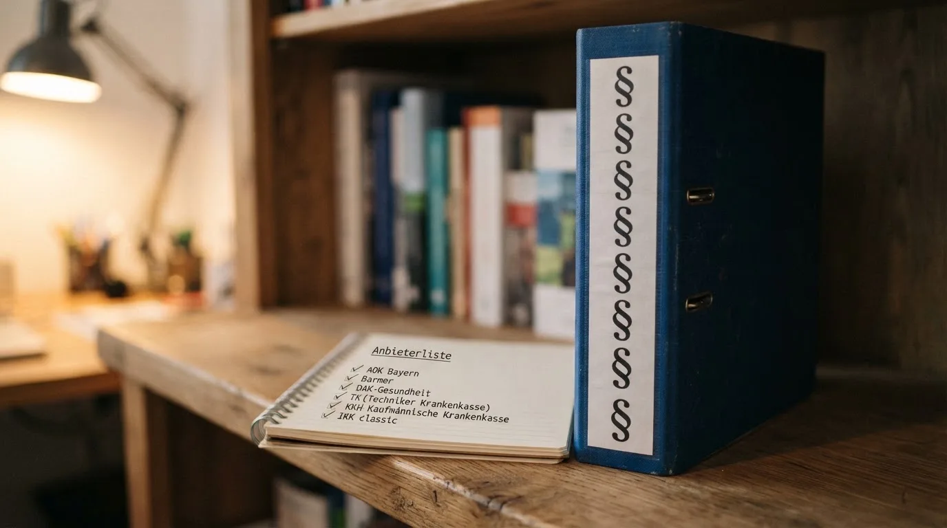 Nahaufnahme eines Aktenordners mit Paragraphenzeichen auf dem Ruecken, daneben ein aufgeklapptes Notebook mit einer Uebersichtsliste lizenzierter Anbieter.
