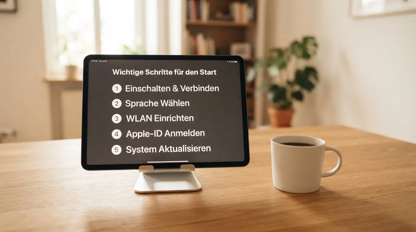Schreibtisch mit einem Tablet, auf dem ein Schema mit nummerierten Schritten eines Anmeldevorgangs zu sehen ist, daneben ein Kaffeebecher.