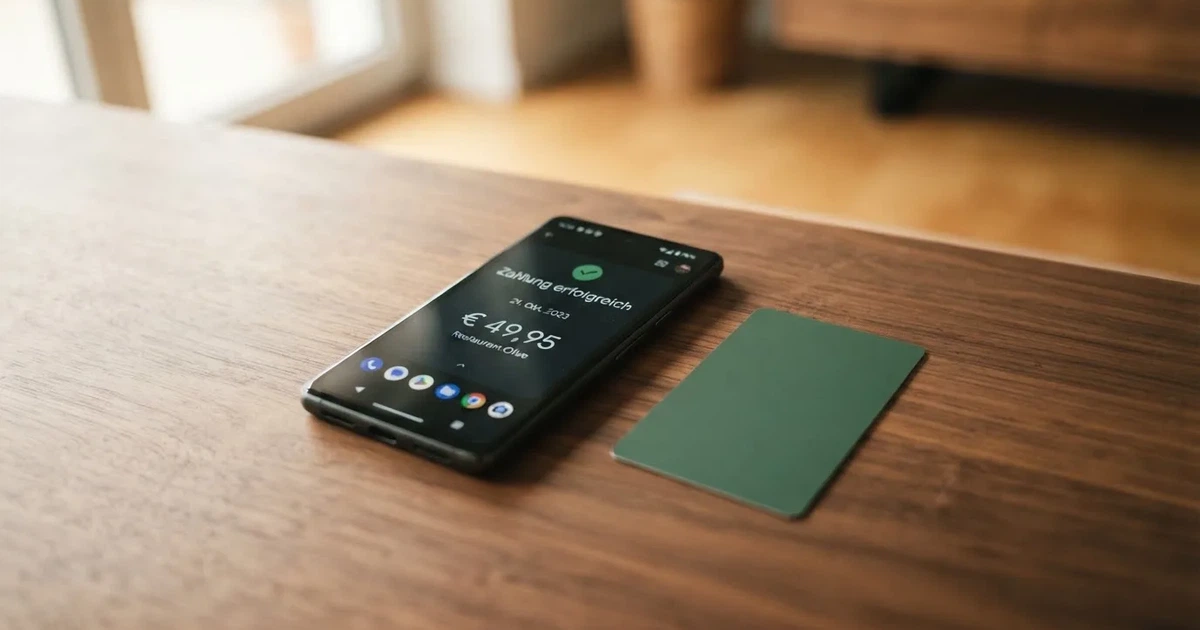 Schreibtisch mit einem Smartphone, auf dessen Bildschirm eine Kontobewegung mit Datum und Betrag in Euro angezeigt wird, daneben eine Bankkarte.