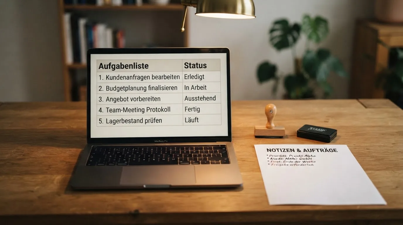 Schreibtisch mit einem gedruckten Amtsdokument, einem Stempel und einem Bildschirm, auf dem eine offizielle Whitelist-Tabelle angezeigt wird.