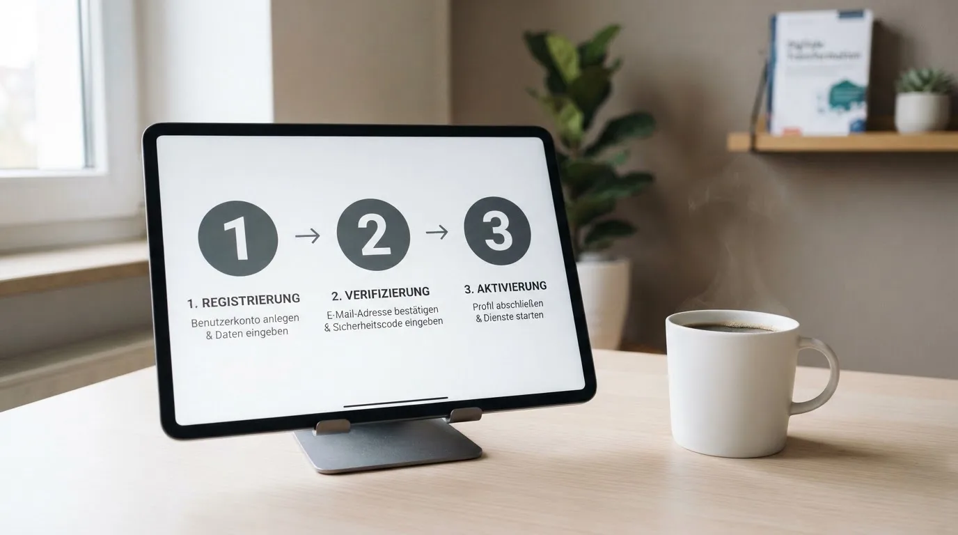 Schreibtisch mit einem Tablet, auf dem ein Schema mit nummerierten Schritten eines Anmeldevorgangs zu sehen ist, daneben ein Kaffeebecher.