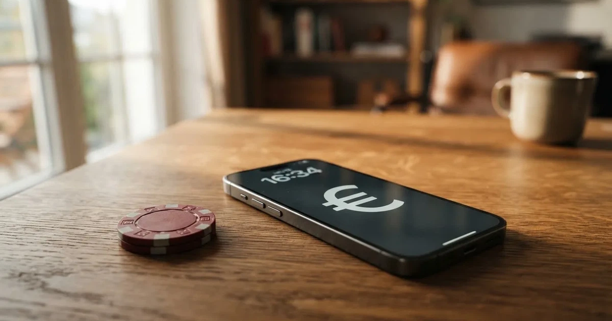 Schreibtisch mit einem Smartphone, auf dessen Bildschirm eine Kontobewegung mit Datum und Betrag in Euro angezeigt wird, daneben eine Bankkarte.