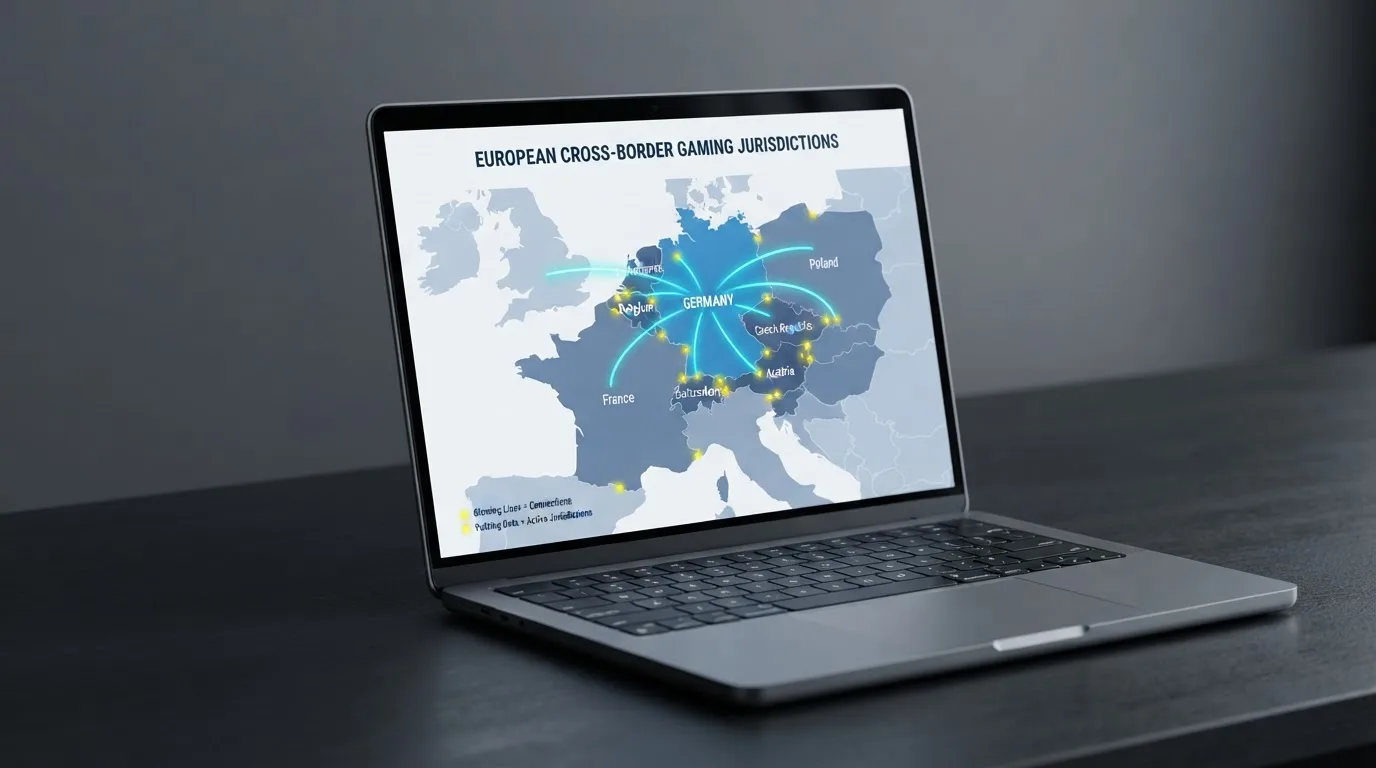 Weltkarte auf einem Bildschirm mit hervorgehobenen Ländergrenzen und verbundenen Linien.