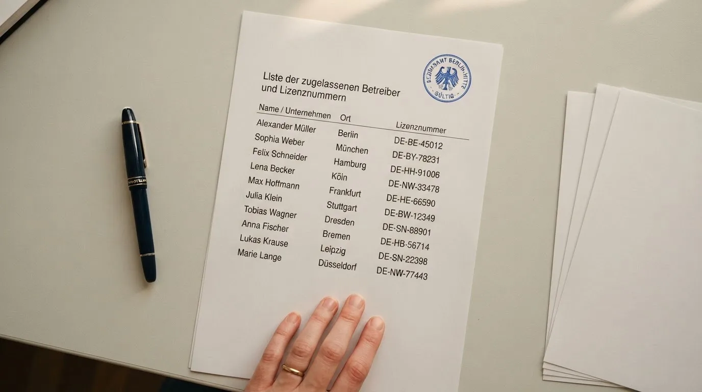 Nahaufnahme einer gedruckten Anbieterliste neben einem amtlichen Prüfsiegel.