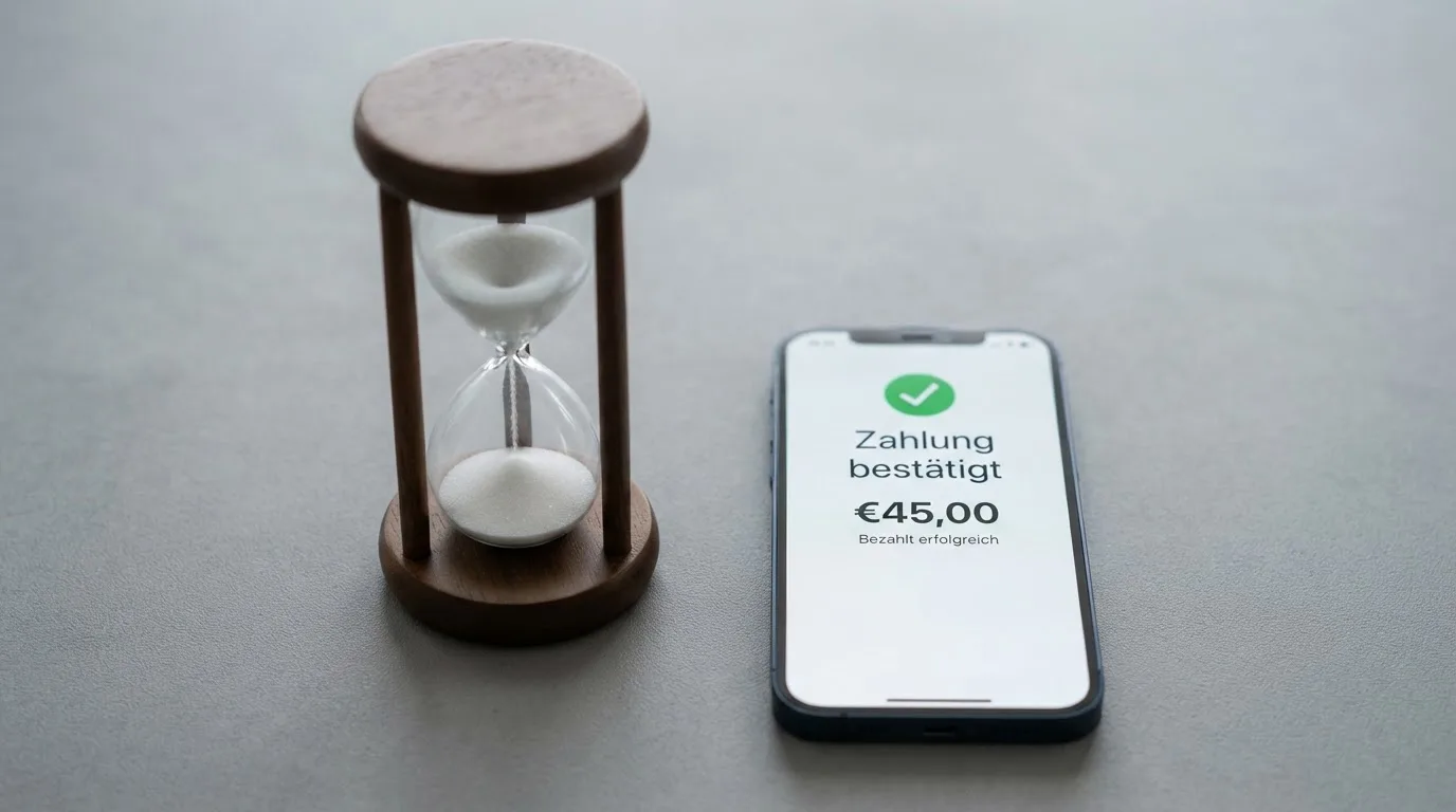 Nahaufnahme einer Sanduhr neben einem Smartphone-Bildschirm mit einer Zahlungsbestätigung.
