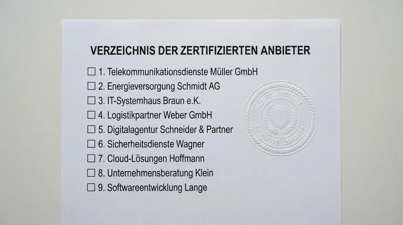 Nahaufnahme einer gedruckten Anbieterliste neben einem amtlichen Prüfsiegel.