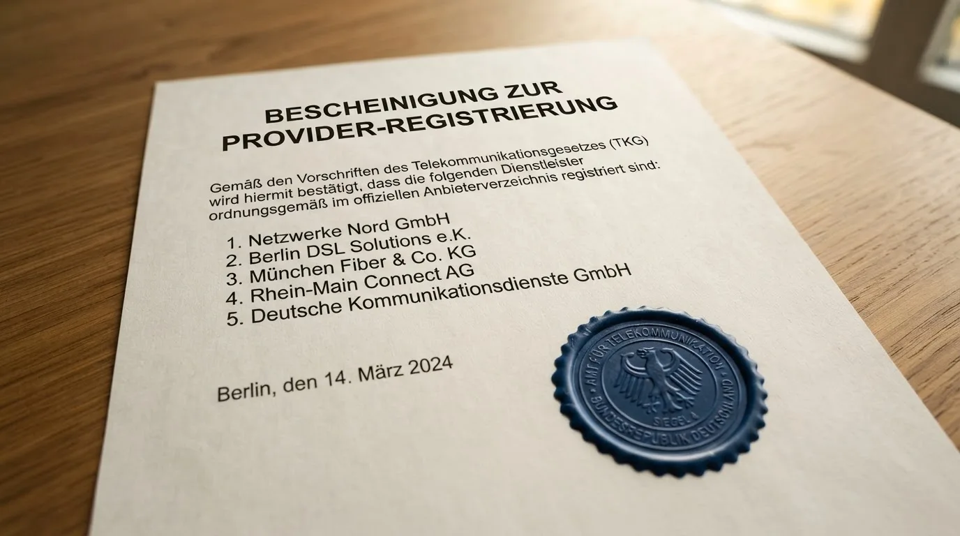 Nahaufnahme einer gedruckten Anbieterliste neben einem amtlichen Prüfsiegel.
