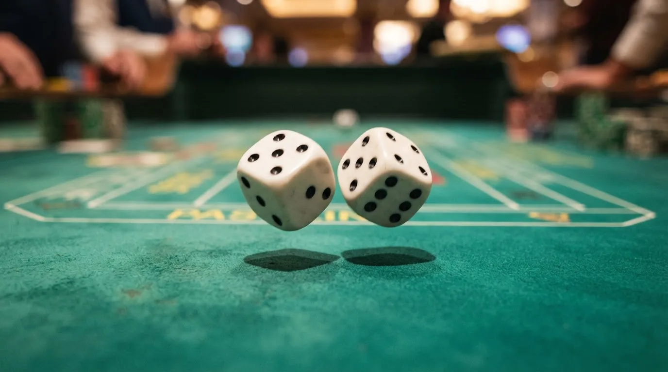 Nahaufnahme zweier rollender Würfel auf einem grünen Spieltisch.