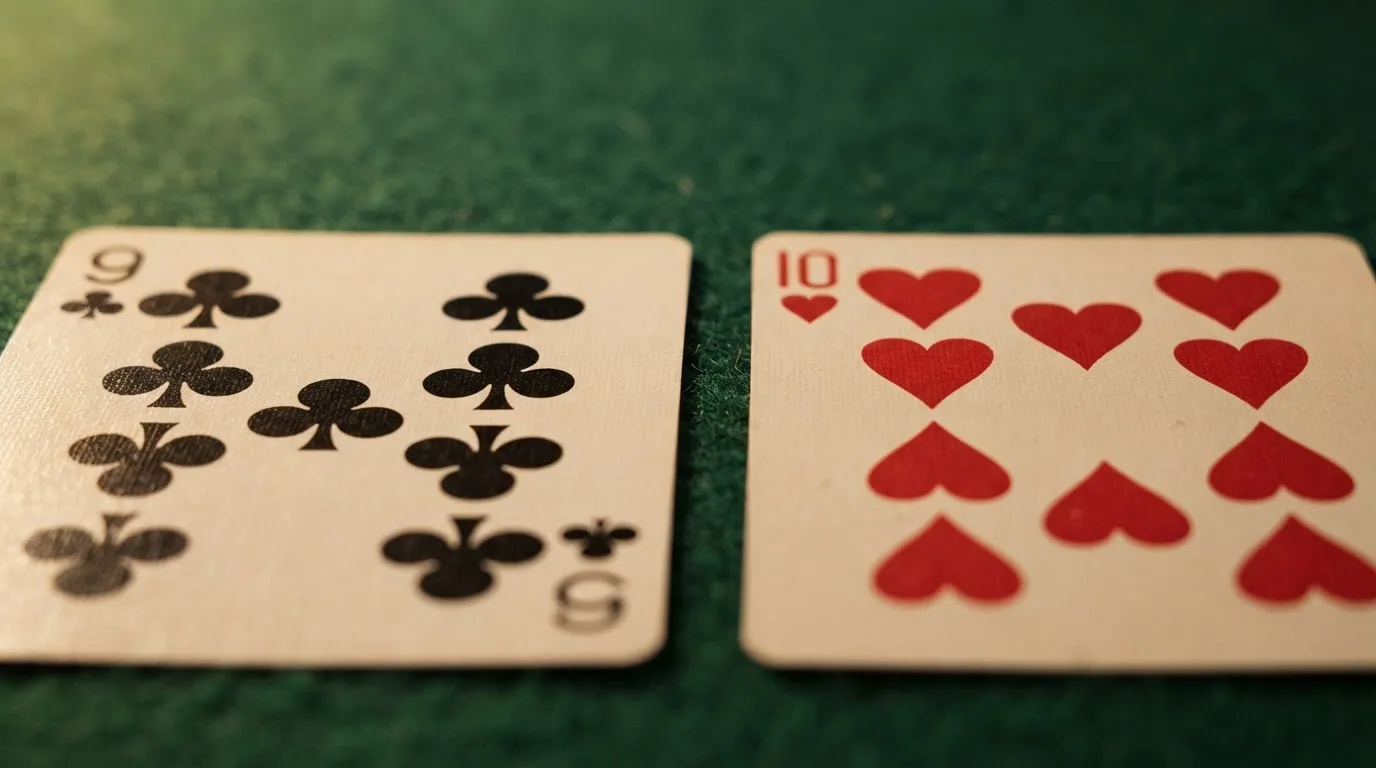 Nahaufnahme zweier aufgedeckter Spielkarten neben einem grünen Kartentisch.