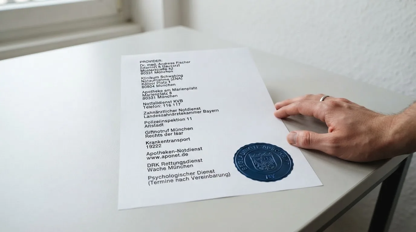 Nahaufnahme einer gedruckten Anbieterliste neben einem amtlichen Prüfsiegel.
