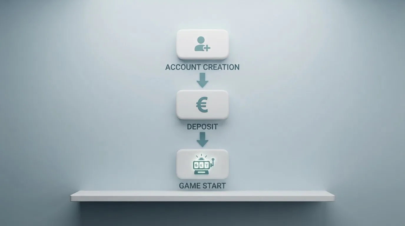 Schematische Illustration eines Ablaufdiagramms mit Pfeilen zwischen Kontoeröffnung, Einzahlung und Spielstart.