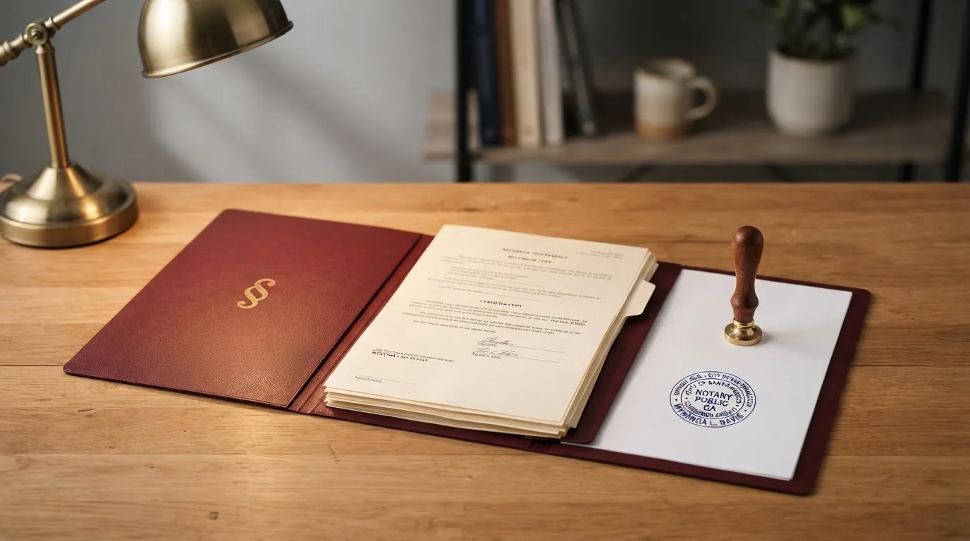 Symbolbild eines Aktenordners mit Paragraphenzeichen und einem Stempel auf einem Schreibtisch.