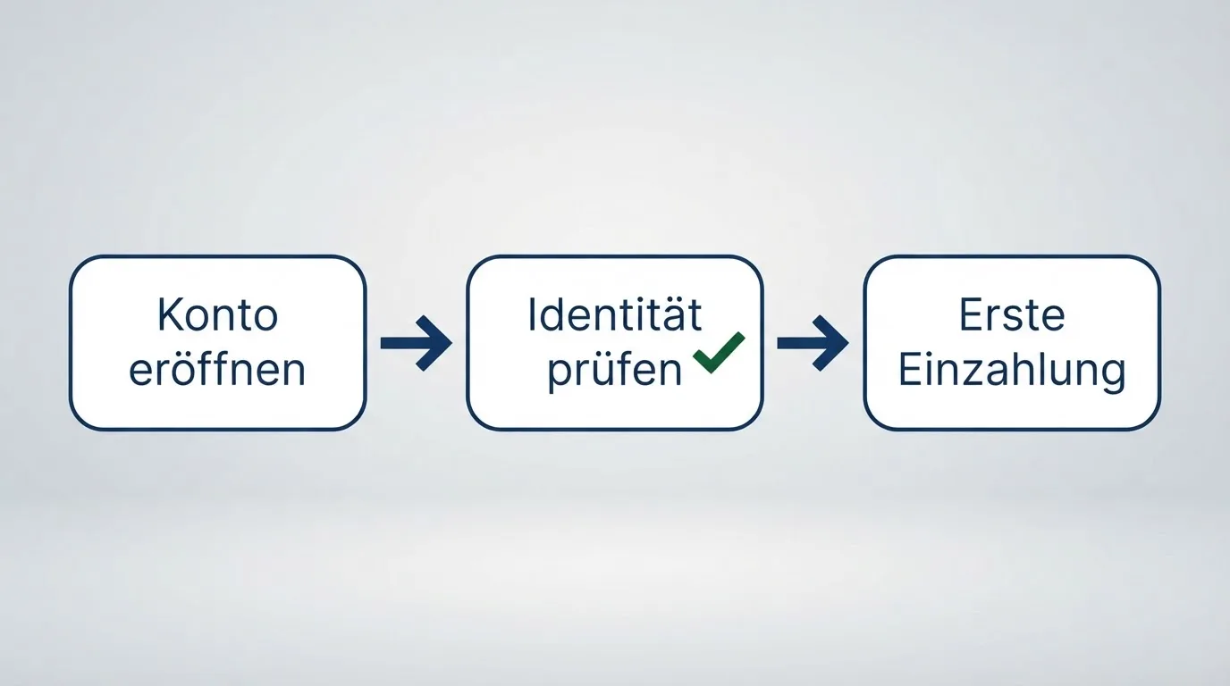 Schematische Darstellung eines Ablaufs von Kontoeröffnung über Identitätsprüfung bis zur ersten Einzahlung als einfaches Liniendiagramm.
