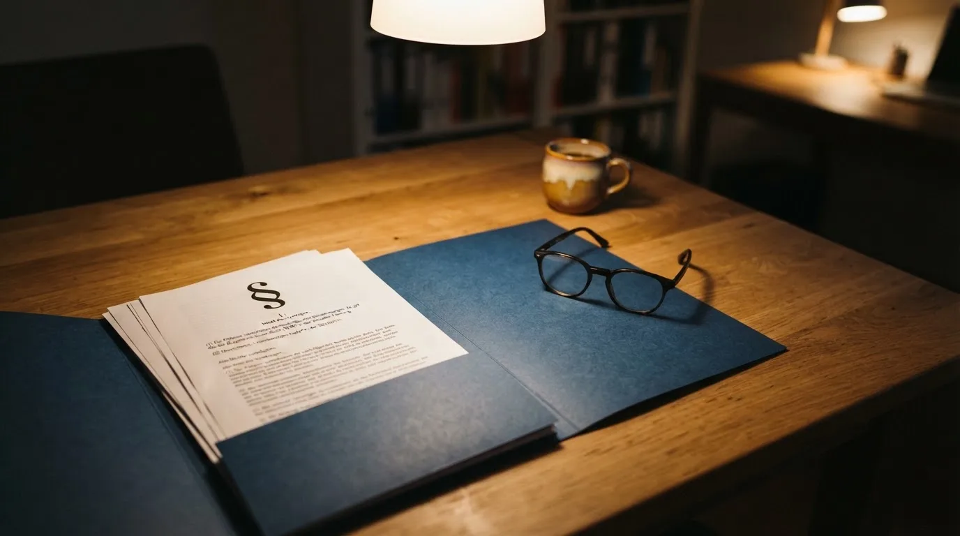 Aktenordner mit Paragraphenzeichen und Gesetzestext auf einem Holztisch.