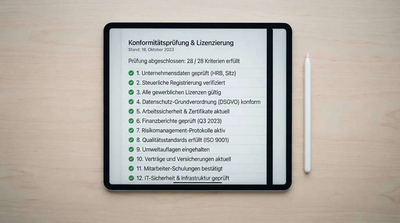 Tablet mit einer digitalen Liste und Häkchen-Symbolen auf einem Schreibtisch.