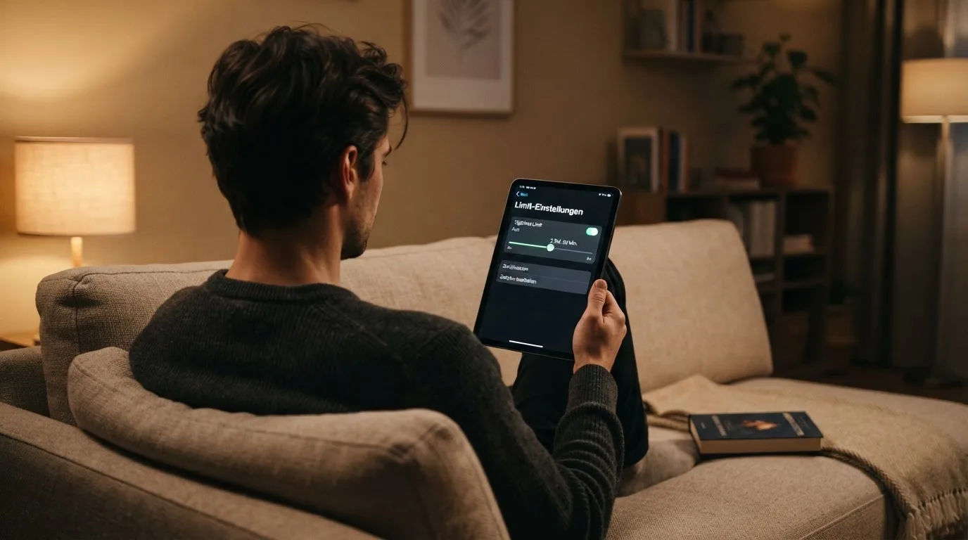 Person betrachtet nachdenklich eine App mit Einstellungsmenü auf einem Tablet in einem ruhigen Wohnzimmer.