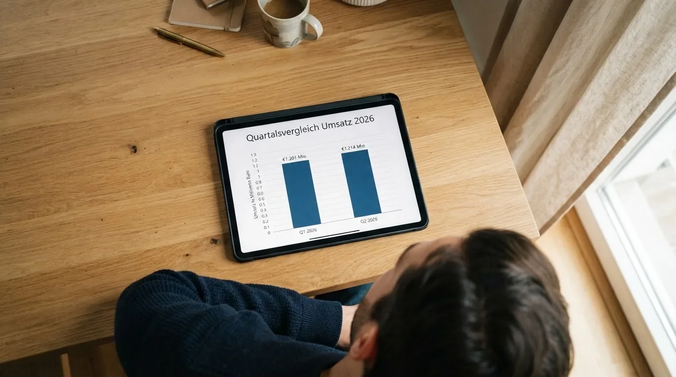 Person betrachtet ruhig ein Balkendiagramm auf einem Tablet in einem hellen Raum.