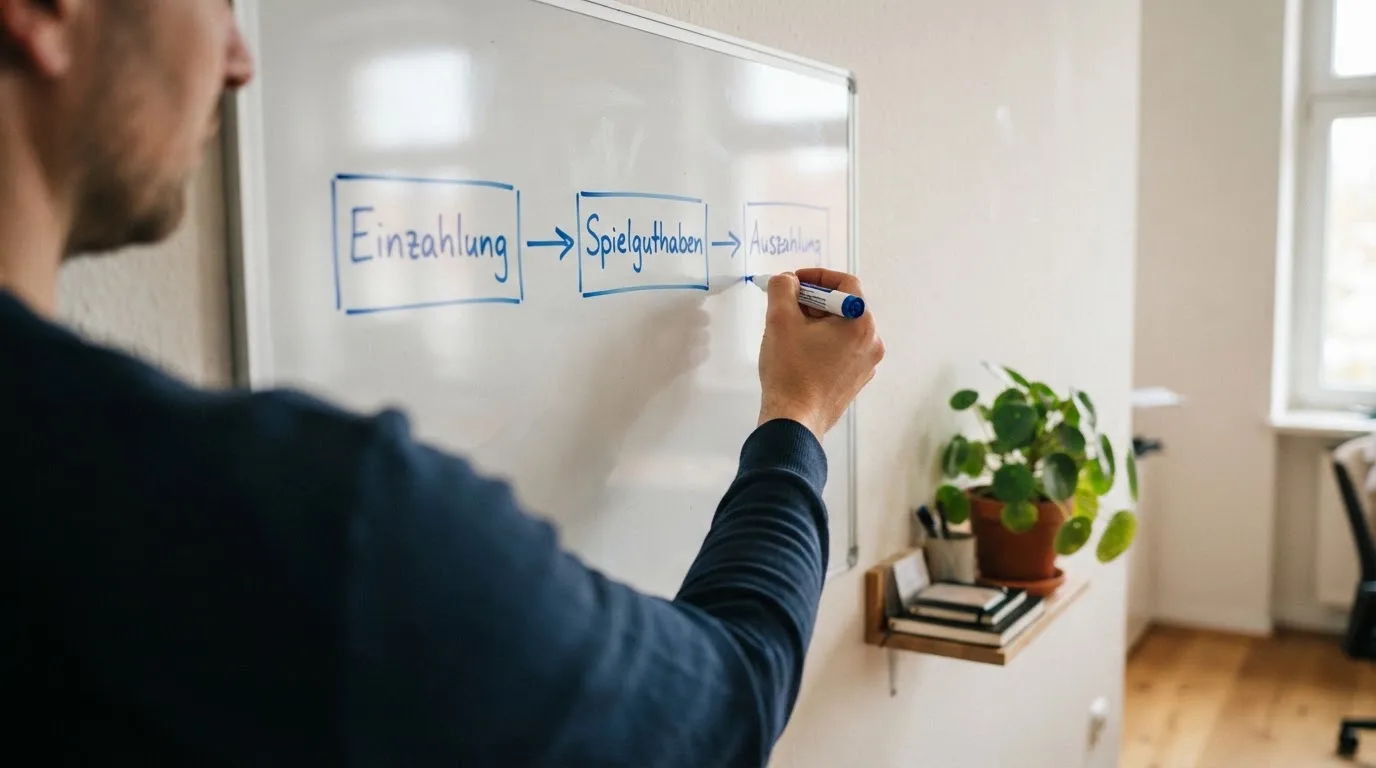 Schematische Darstellung eines Kontoflusses zwischen Einzahlung, Spielguthaben und Auszahlung auf einem Whiteboard.