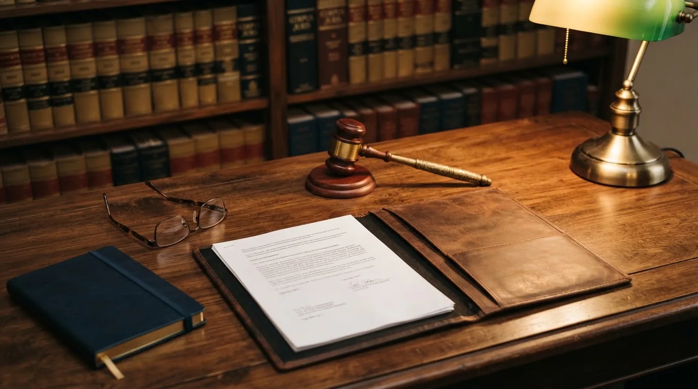 Aktenordner mit Gesetzestexten und Paragrafenzeichen auf einem Schreibtisch, im Hintergrund ein Richterhammer.