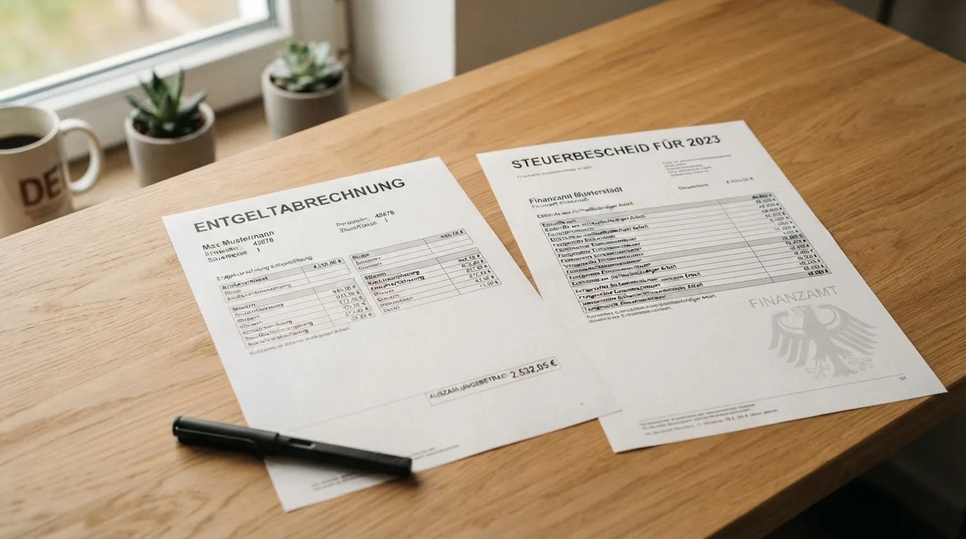 Person legt Gehaltsabrechnungen und einen Steuerbescheid auf einen Schreibtisch.