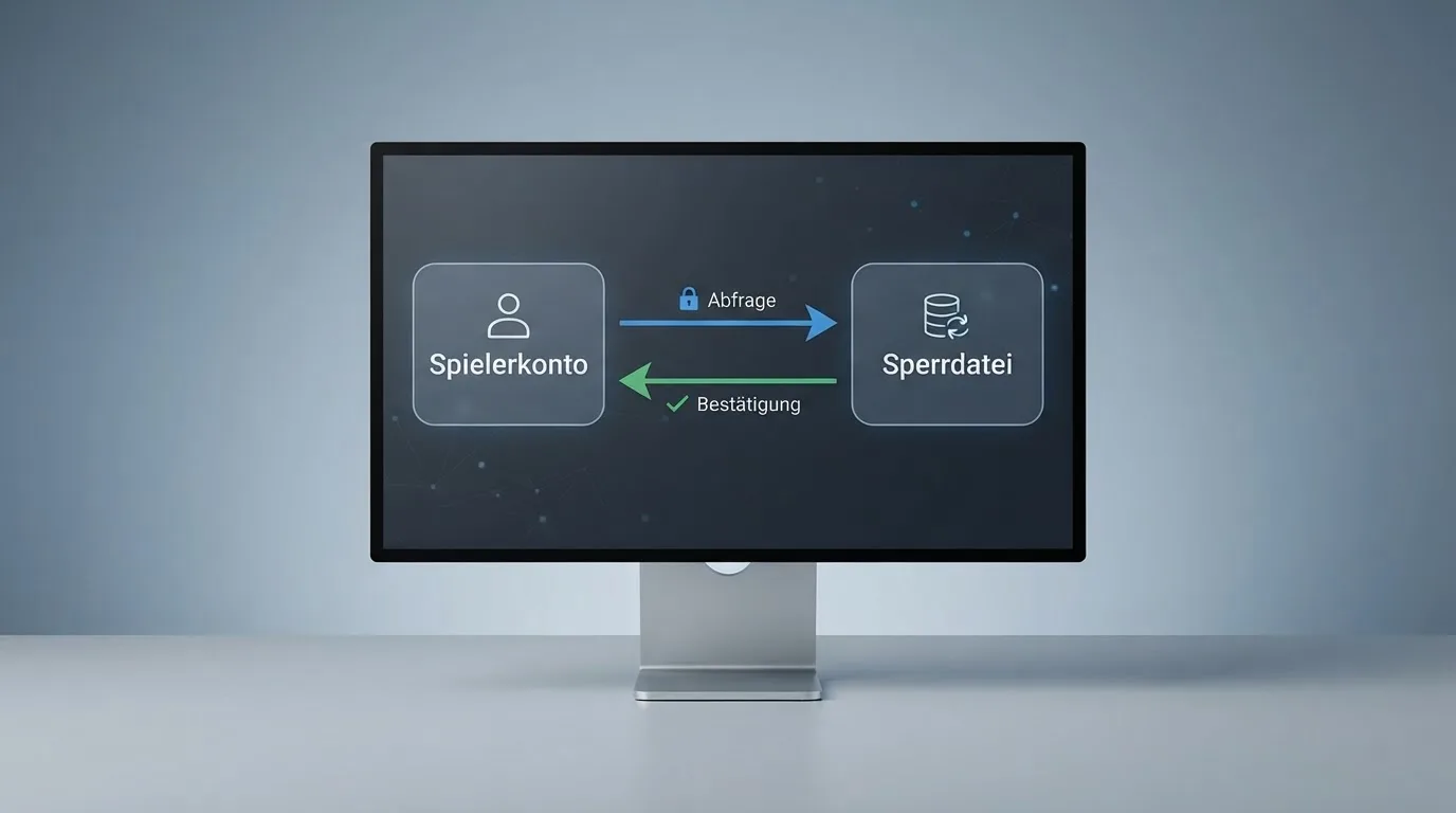 Schema eines Datenabgleichs zwischen einem Spielerkonto und einer zentralen Sperrdatei auf einem Monitor.