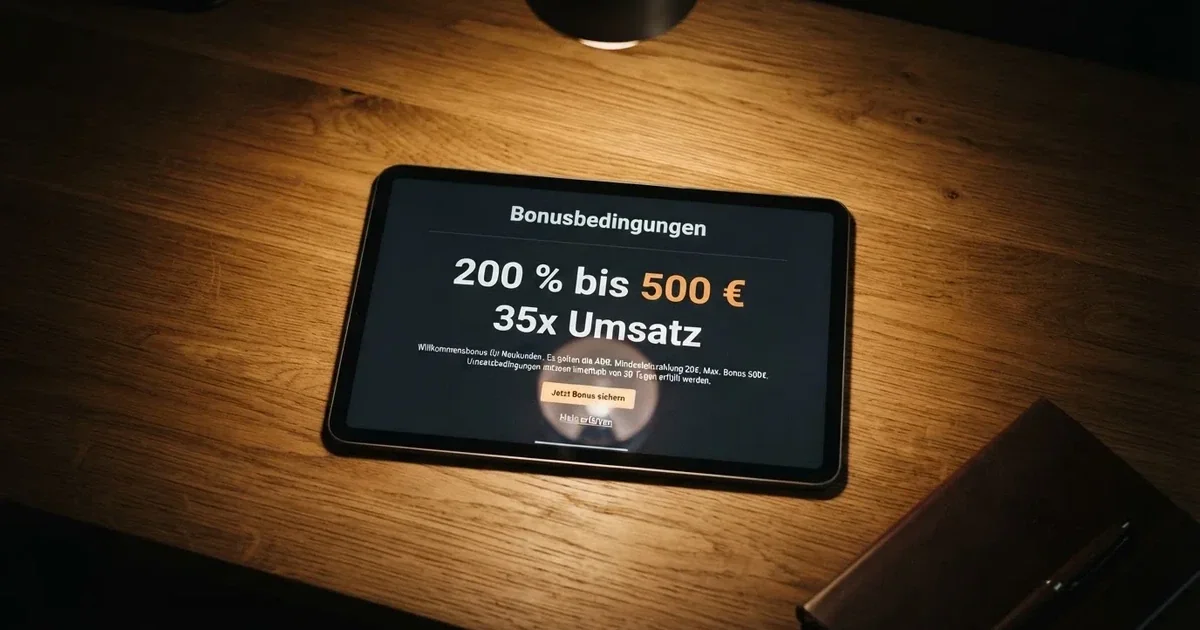 Aufgeschlagene Bonusbedingungen mit Prozentangaben auf einem Tablet-Bildschirm.