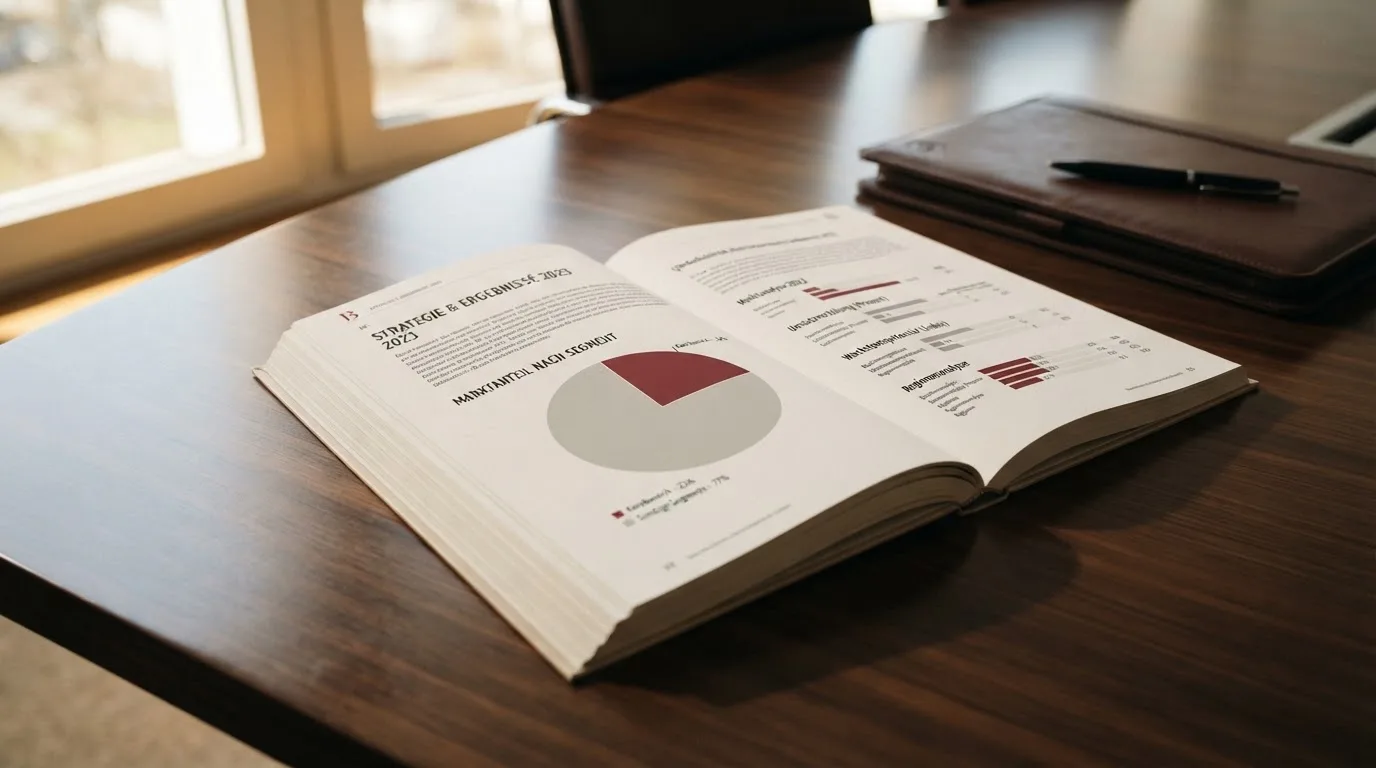 Amtlicher Bericht mit Diagrammen auf einem Konferenztisch.