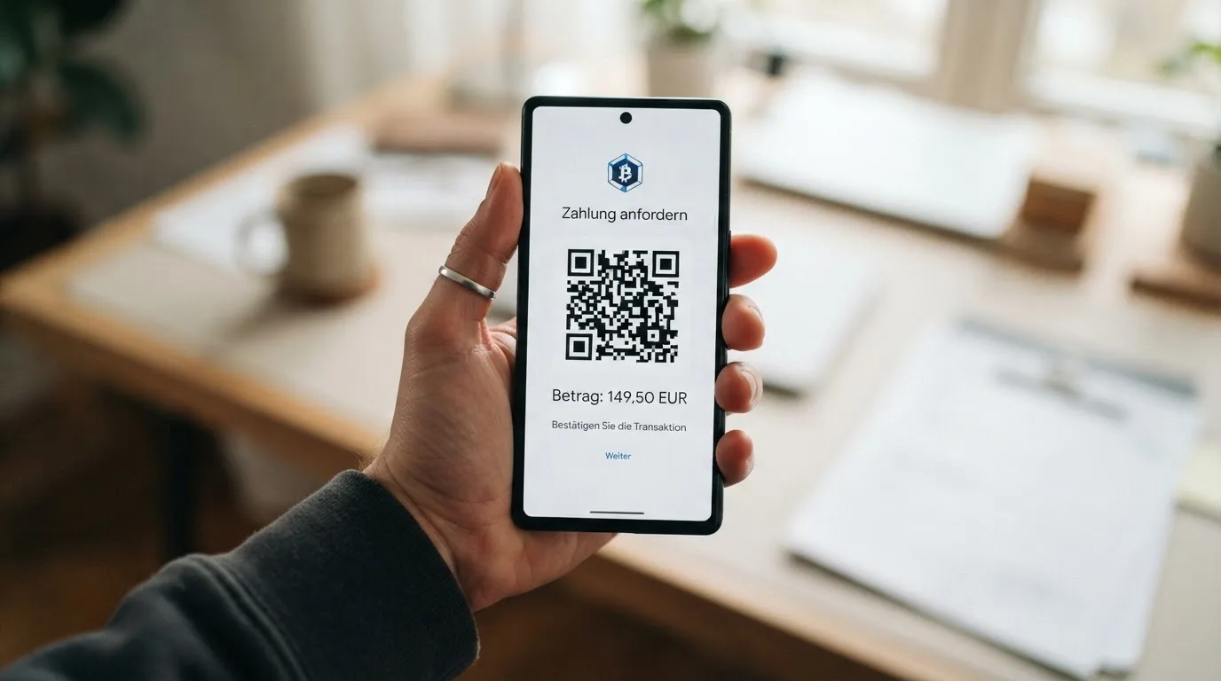 Nahaufnahme einer Hand, die auf einem Tablet einen QR-Code für eine Kryptowährungs-Einzahlung scannt.