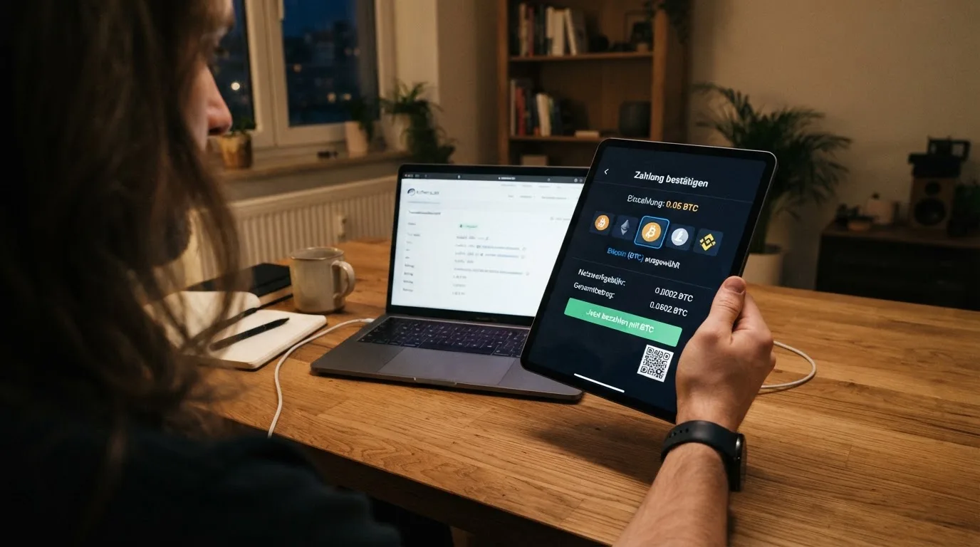 Person zeigt auf einem Tablet eine Liste von Zahlungsmethoden, während im Hintergrund ein Laptop mit einer Wallet-App steht.