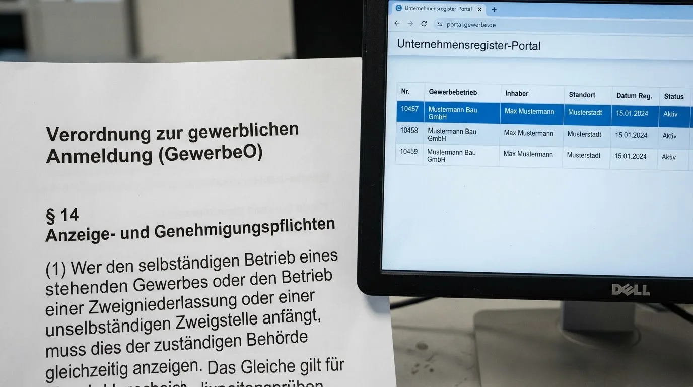 Nahaufnahme eines Aktenordners mit Paragraphenzeichen neben einem Computerbildschirm mit einer Behördenseite.