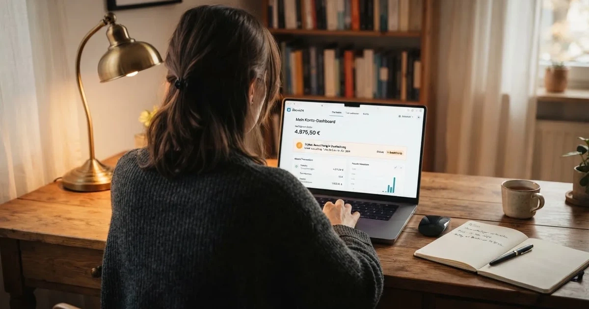 Person prüft am Laptop eine Kontoübersicht mit Auszahlungsstatus und Kalenderdatum.